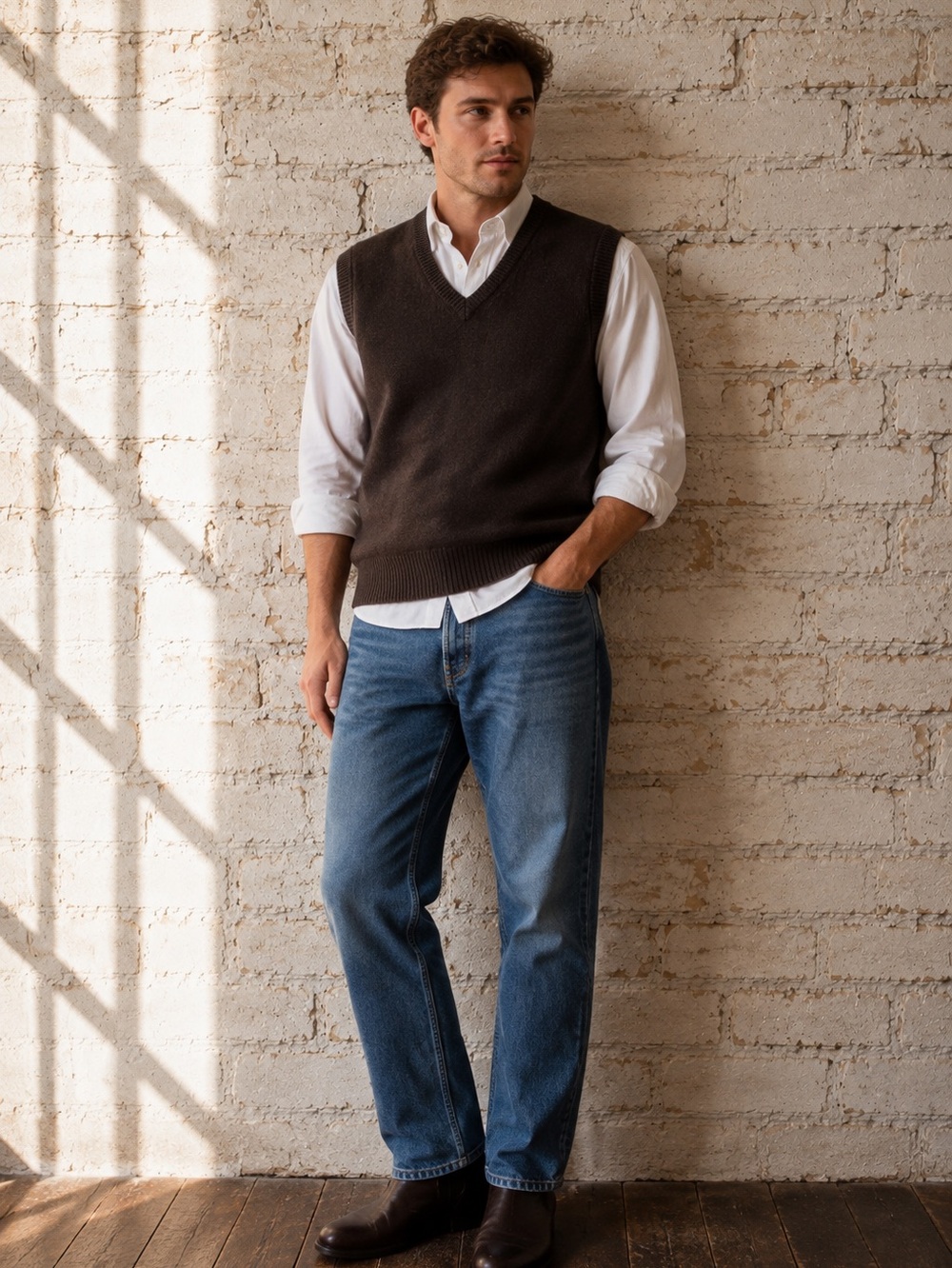House of Bruar Pure Lambswool Brown V-Neck Sweater Vest Small